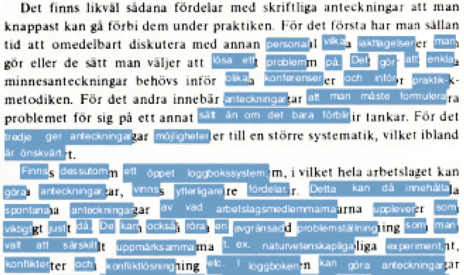 Exempel på textflöde från OCR i en pdf. Enbart de blåmarkerade orden ligger i flödet. PDF-formatet är problematiskt för att representera struktur.
