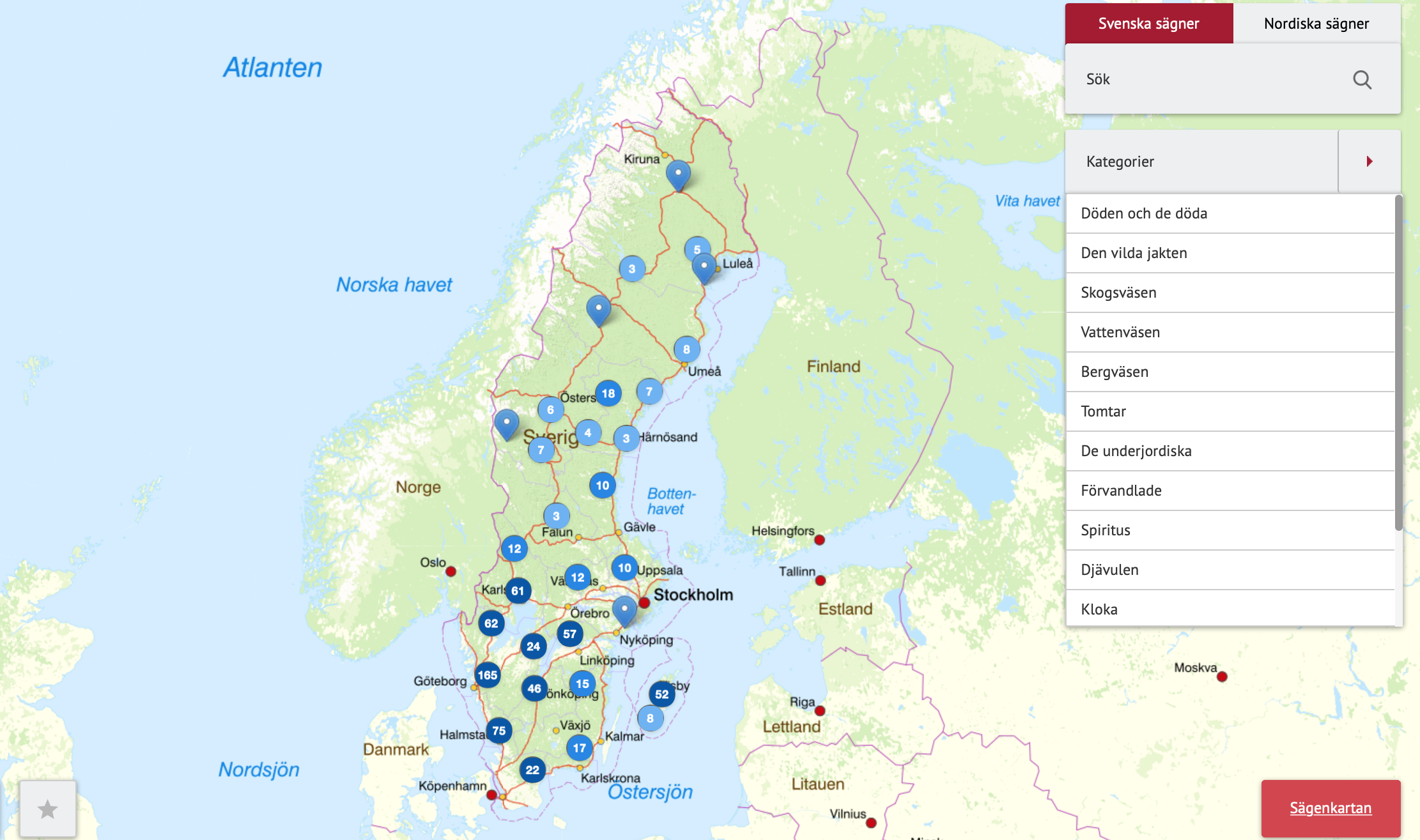 The folklore map shows tales taken down from the mouths of the people in Sweden. If you click at a particular point, a list is shown of tales taken down at certain locations, their content and the interviewees. The folklore map is developed by ISOF and is aimed at a broader public. 